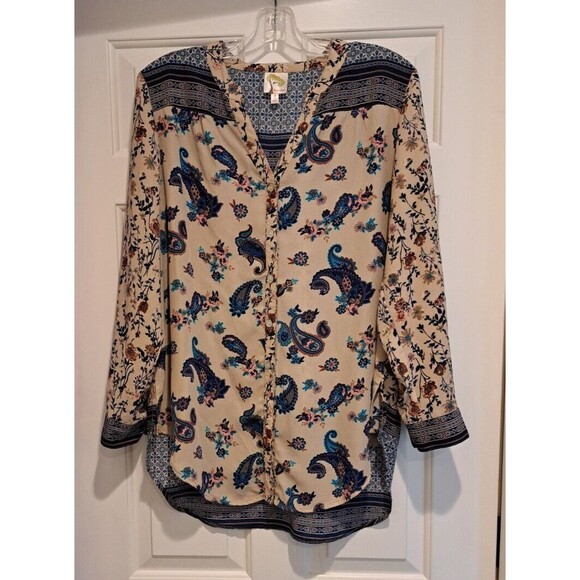 Fig & Flower Womens Anthropologie Blouse Large Beige Blue Floral Roll Tab Sleeve - Picture 1 of 12